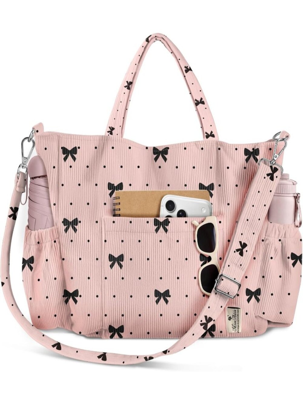 Women's Polka Dot & Bowknot Corduroy Crossbody Tote Multi Pocket Travel Bag